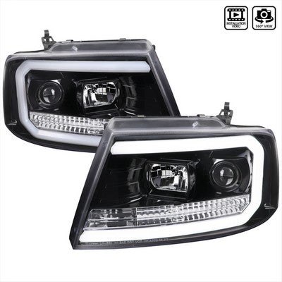 2004-08 F150 Projector Headlights With Led Bar Clear Lens And Glossy Black Housing
