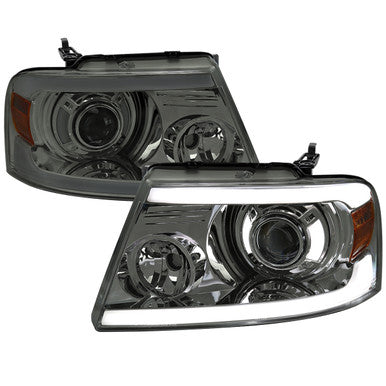 2004-08 Ford F150 Projector Headlights With Led Bar - Double Beam Chrome Housing And Smoked Lens