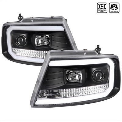 2004-08 F150 Projector Headlights With Led Bar Clear Lens And Matte Black Housing