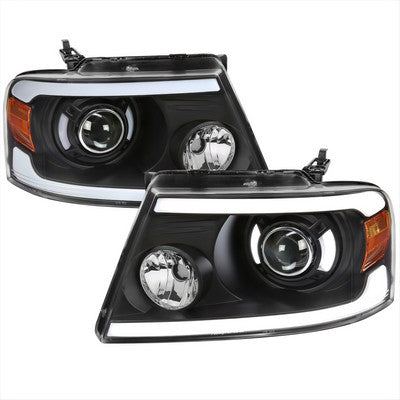 2004-08 F150 Projector Headlights With Led Bar Matte Black Housing Clear Lens And Amber Reflector