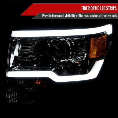 2009-14 Ford F150 Projector Headlights With Led Bar - Double Beam Chrome Housing And Smoked Lens