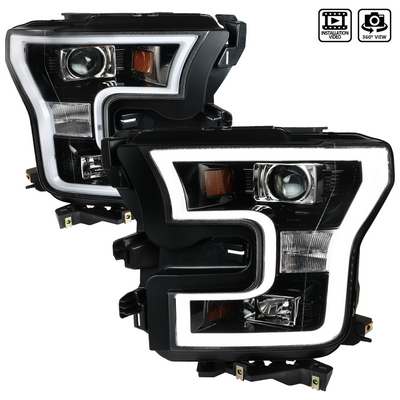 2015-17 F150 Led Bar Projector Headlights, Glossy Black (Fits trucks w/OE Halogen headlights)