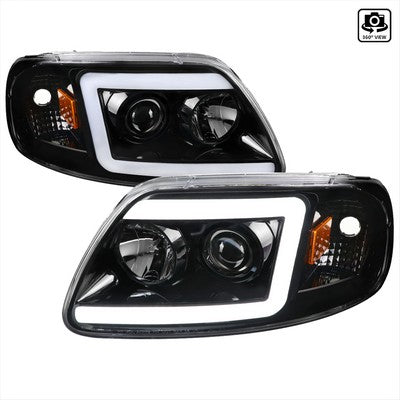 1997-03 F150 Projector Headlight - Gloss Black Housing - Clear Lens With Amber Reflectors