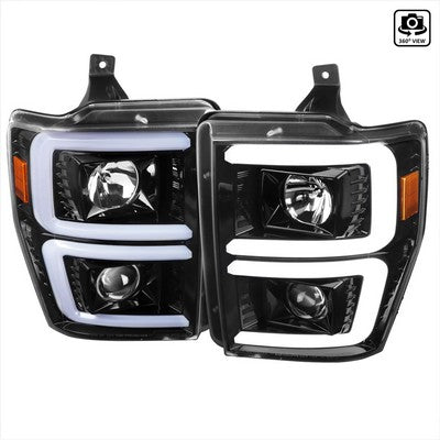 2008-10 Ford F250 Projector Headlights With Led Bar Glossy Black Housing And Clear Lens - Switch Back Sequential Turn Signal