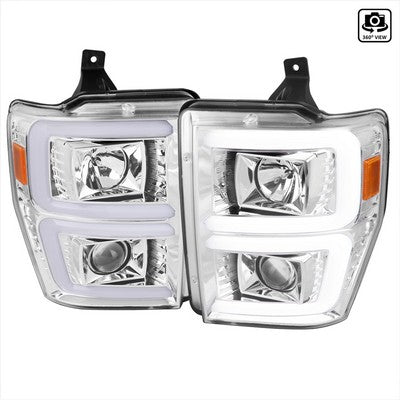 2008-10 Ford F250 Projector Headlights With Led Bar Chrome Housing And Clear Lens - Switch Back Sequential Turn Signal