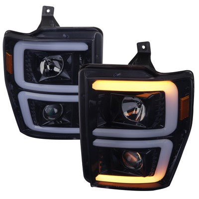 2008-10 Ford F250 Projector Headlights With Led Bar Glossy Black Housing And Smoked Lens - Switch Back Sequential Turn Signal