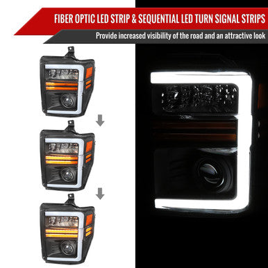 2008-10 Ford Superduty Led Bar Headlight With Sequential Turn Signal Matte Black Housing Clear Lens - Bulbs Included