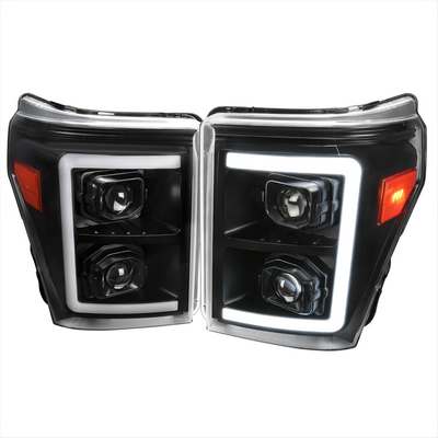 2011-16 Ford F250 Projector Headlights With Sequential Led Bar Black Housing Clear Lens And Amber Reflectors