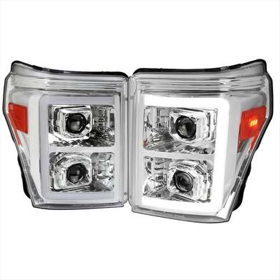 2011-16 Ford Superduty Projector Headlights With Sequential Led Bar Chrome Housing Clear Lens And Amber Reflectors
