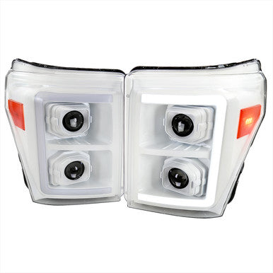 2011-16 Ford Superduty Projector Headlights With Led Bar White Housing And Clear Lens Amber Reflector - Switchback Turn Signal - Breathing Light Effect