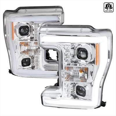 2017-19 Ford Superduty Projector Head Lights With Led Bar - Chrome Housing And Clear Lens