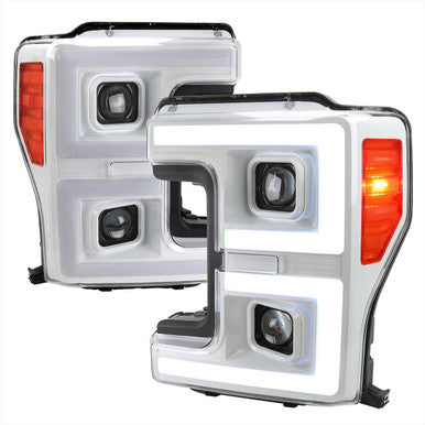 2017-19 Ford Superduty Projector Headlights With Led Bar White Housing And Clear Lens Amber Reflector - Switchback Turn Signal