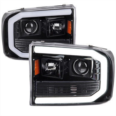 1999-04 Ford Superduty Projector Headlights With Led Bar Glossy Black Housing And Clear Lens Amber Reflector
