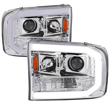 1999-04 Ford Superduty Projector Headlights With Led Bar Chrome Housing And Clear Lens Amber Reflector
