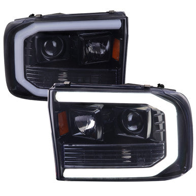 1999-04 Ford Superduty Projector Headlights With Led Bar Glossy Black Housing And Smoked Lens Amber Reflector
