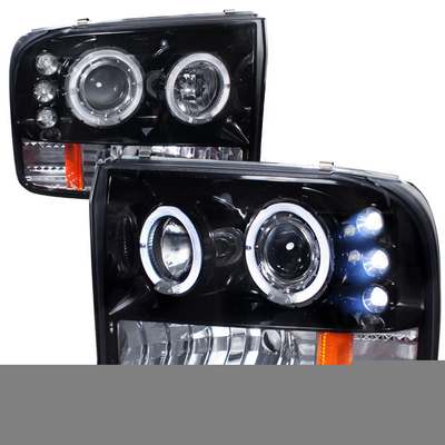 1999-04 Superduty Halo Projector Headlight Gloss Black Housing Smoke Lens
