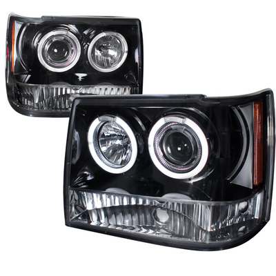 1993-96 Jeep Gran Cherokee Halo Projector Headlight Gloss Black Housing Smoke Lens