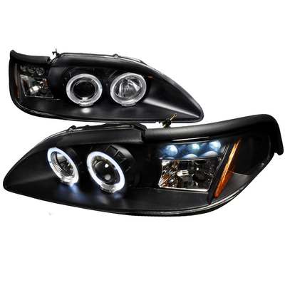 1994-98 Ford Mustang Dual Halo LED Projector Headlights w/Amber Reflectors, Black