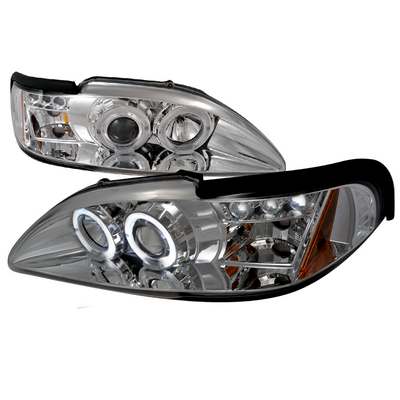 1994-98 Ford Mustang Dual Halo LED Projector Headlights w/Amber Reflectors, Chrome