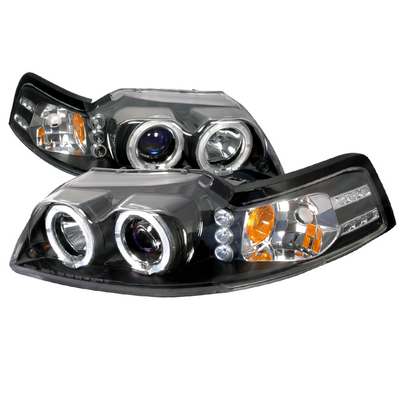 1999-04 Ford Mustang Dual Halo LED Projector Headlights w/Amber Reflectors, Black