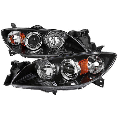 2004-09 Mazda Mazda3 Projector Headlights Black Housing Clear Lens - No Bulbs Included