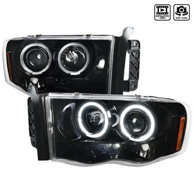 2002-05 Ram Halo Projector Headlights-Glossy Black With Clear Lens