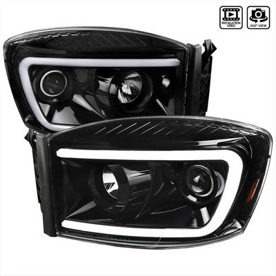 2006-08 Dodge Ram Led Bar Projector Head Lights With Clear Lens And Glossy Black Housing