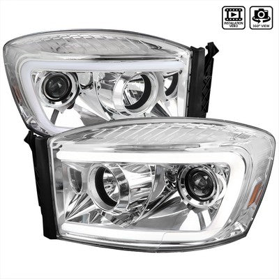 2006-08 Dodge Ram Led Bar Projector Head Lights With Clear Lens And Chrome Housing