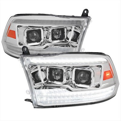 2009-18 Dodge Ram Projector Headlights With Chrome Housing And Clear Lens - Sequential Switchback Led Light Bar