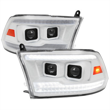 2009-19 Dodge Ram Projector Headlights With Led Bar White Housing And Clear Lens - Facelift Style - Amber Reflector - Switchback Led Light Bar - Led Sequential Signal - Breathing Light Effect