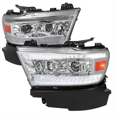 2019-24 Dodge Ram 1500 Projector Headlights Chrome Housing And Clear Lens Amber Reflector With Switchback Led Sequential Turn Signal Breathing Light Effect