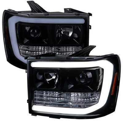 2007-13 GMC Sierra Projector Headlights - Glossy Black With Light Smoked Lens