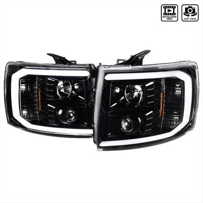 2007-13 Chevrolet Silverado Led Bar Projector Headlights- Glossy Black With Clear Lens