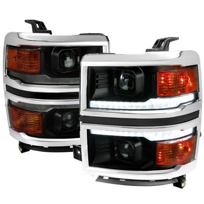 2014-15 Chevrolet Silverado 1500 Projector Headlights With Chrome Trim Matte Black Housing Smoked Lens And Amber Reflector With Sequential Turn Signal