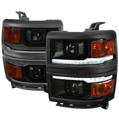 2014-15 Chevrolet Silverado 1500 Projector Headlights With Black Trim Matte Black Housing Smoked Lens And Amber Reflector With Sequential Turn Signal