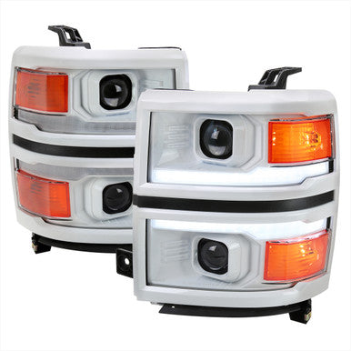 2014-15 Chevrolet Silverado 1500 1500 Projector Headlights With Led Bar White Housing And Clear Lens - Black Trim - Amber Reflector - Switchback - Led Sequential Signal - Breathing Light Effect