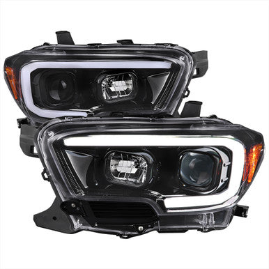 2016-23 Toyota Tacoma Projector Headlights With Drl Led Bar Glossy Black Housing Clear Lens - Switchback Turn Signal (For Factory Halogen Headlights Models W O Led Daytime Running Only)