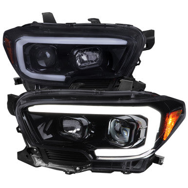 2016-23 Toyota Tacoma Projector Headlights With Drl Led Bar Glossy Black Housing Smoked Lens - Switchback Turn Signal (For Factory Halogen Headlights Models W O Led Daytime Running Only)