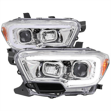 2016-23 Toyota Tacoma Projector Headlights With Drl Led Bar Chrome Housing Clear Lens - Switchback Turn Signal (For Factory Halogen Headlights Models W O Led Daytime Running Only)