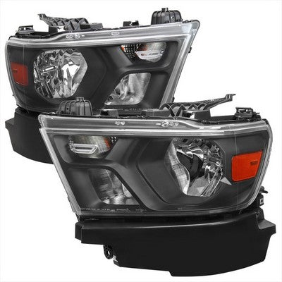 2019-24 Dodge Ram 1500 Halogen Headlights Matte Black Housing Clear Lens And Amber Reflector - Oe Style T20 Signal Bulbs - Stock High And Low Beam Bulbs
