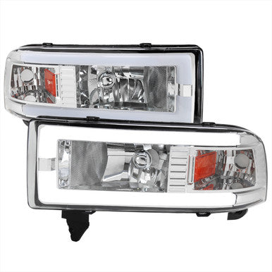 1994-01 Dodge Ram Headlight With Led Bar Chrome Housing And Clear Lens Amber Reflector - Uses Stock Bulbs