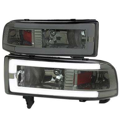 1994-01 Dodge Ram Headlight With Led Bar Chrome Housing And Smoked Lens Amber Reflector - Uses Stock Bulbs