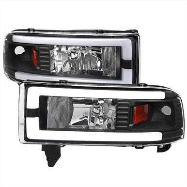 1994-01 Dodge Ram Headlight With Led Bar Matte Black Housing And Clear Lens Amber Reflector - Uses Stock Bulbs