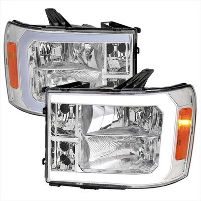 2007-13 Gmc Sierra Oe Headlights With Led Bar Chrome Housing And Clear Lens - Uses Stock Bulbs