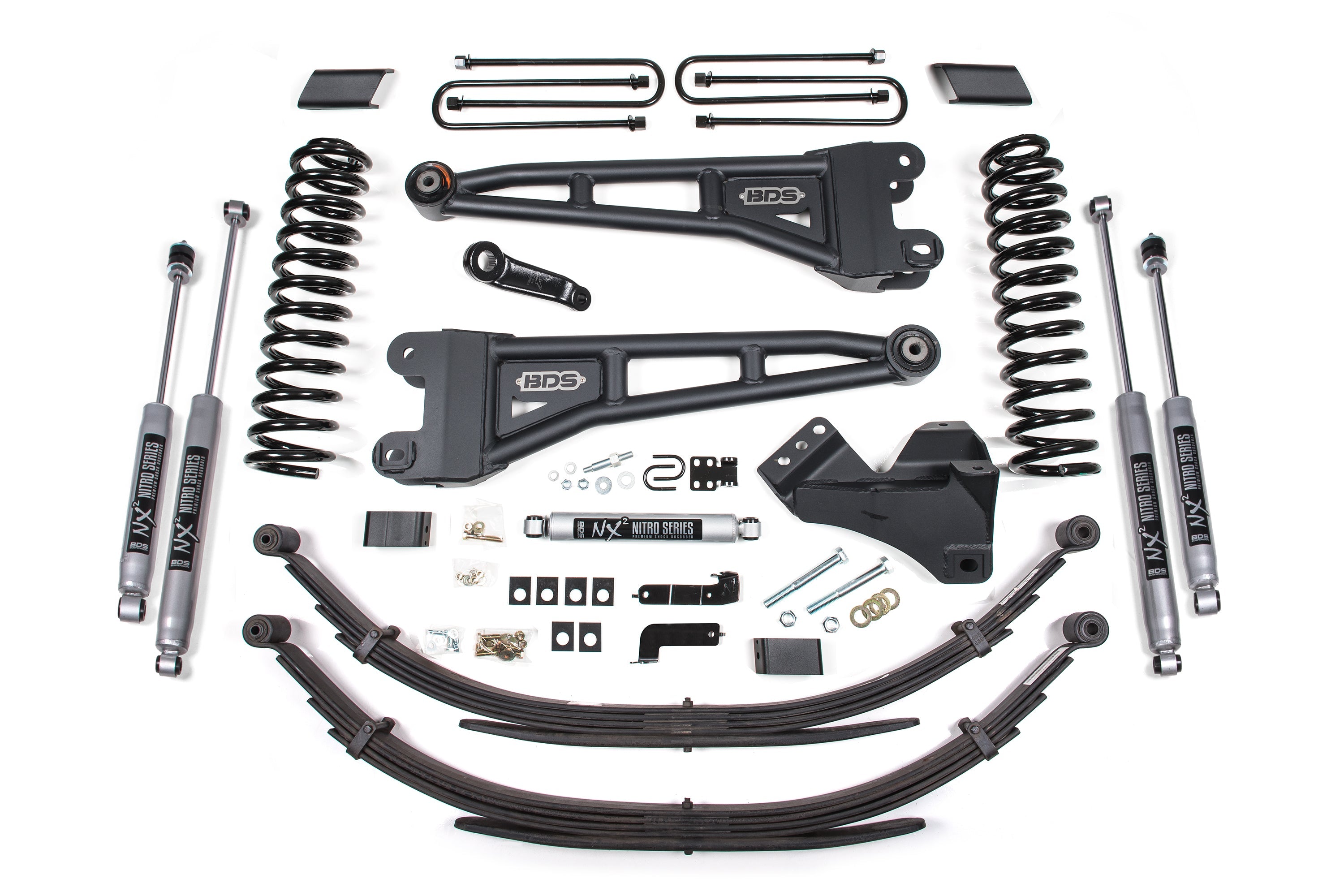 2017-19 Superduty 4 inch Radius Arm Suspension Lift kit w/Replacement Rear Leaf Springs - Gas