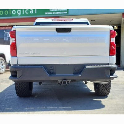 2019-25 Silverado 1500 Rear Bumper Shellz, Single Exhaust, with park sensor holes, Matte Black