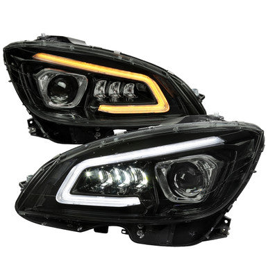 2008-11 MercedesBenz CClass W204 Full Led Projector Headlights Black Housing Smoked Lens Switchback Led Light Bar Led Sequential Signal With Converter For Hid - Halogen And Xenon Models