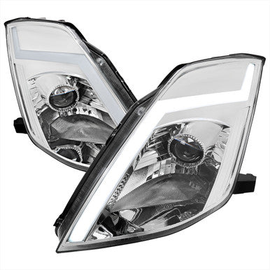 2003-05 Nissan 350Z Projector Headlights Chrome Housing And Clear Lens - Fit Oe Hid Models Only - Switchback Led Light Bar Led Sequential Signal Breathing Light Effect D2R Low (Not Included)