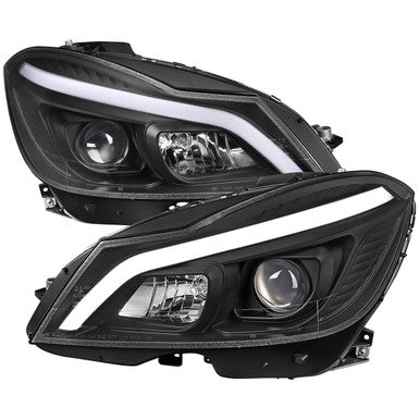 2012-14 MercedesBenz CClass W204 2 Door Coupe 4 Door Sedan Halogen Projector Headlights With Sequential Switchback Turn Signal Matte Black Housing Clear Lens