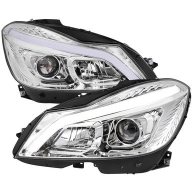 2012-14 MercedesBenz CClass W204 2 Door Coupe 4 Door Sedan Halogen Projector Headlights With Sequential Switchback Turn Signal Chrome Housing Clear Lens